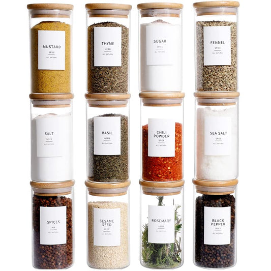 12 Pcs Glass Spice Jars With Bamboo Airtight Lids, 8oz Thicken(2.4mm) Spice Containers With 148 Minimalist Preprinted Waterproof Spice Labels, Kitchen Empty Small Storage Jars For Seasoning, Herb - color: 8oz(12pcs)