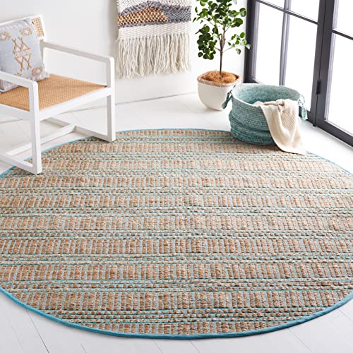 SAFAVIEH Natural Fiber Collection Area Rug - 7' Round, Teal & Natural, Handmade Flat Weave Stripe Jute & Cotton Jute, Ideal for High Traffic Areas in Living Room, Bedroom (NFB651K) - color: Teal/Natural, size: 7' (Round)