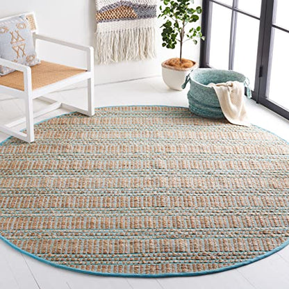 SAFAVIEH Natural Fiber Collection Area Rug - 7' Round, Teal & Natural, Handmade Flat Weave Stripe Jute & Cotton Jute, Ideal for High Traffic Areas in Living Room, Bedroom (NFB651K) - color: Teal/Natural, size: 7' (Round)