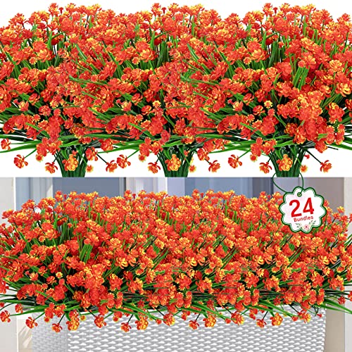 24 Bundles Artificial Flowers for Outdoors Decorations, Orange | Fake plastic plants, faux greenery stems, UV resistant, for autumn Thanksgiving indoor outdoor garden patio table home decor - color: Orange, size: 24 Packs