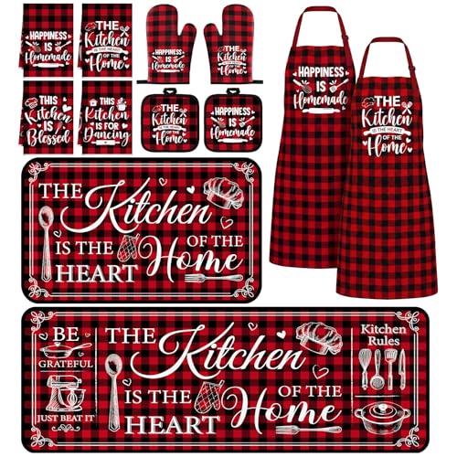 Bencailor 17 Pcs Red Plaid Kitchen Decor and Accessories Red Plaid Kitchen Rug and Mat Oven Mitts Pot Holders Apron Dish Towels Cute Wooden Spoons for Holiday Decoration Home Housewarming Gifts - color: Red Plaid