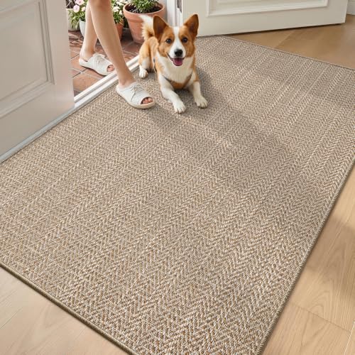 LUMI Ultra Thin Indoor Door Mat 48x72, Non-Slip Rubber Dirt Trapper | Low Profile Entryway Mat, Dirt Resistant Doormat, Stain Resistant Durable, Easy Clean for Inside, Patio, Porch, Khaki - color: Khaki, size: 4' x 6' (Rectangular)