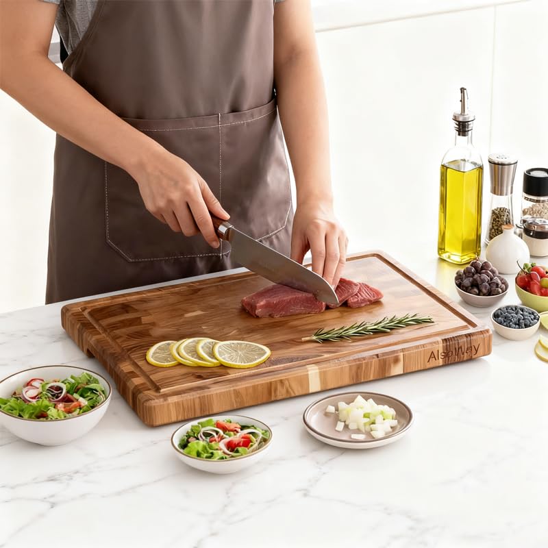 Teak Wood Cutting Board with Salt & Pepper Mill Set For Kitchen - High-End Non Slip Solid Thick Wood Haus Chopping Board with Juice Groove Large Size Best Kitchen Essential House Warming Gift Set