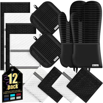 Oven Mitts Kitchen Towels and Dishcloths with Pot Holders Sets, Oven Gloves Hot Pads 500°F Heat Resistant with Silicone Grip, Include 2 Cooking Gloves/2 Potholders/4 Kitchen Towels/4 Dish Towels - color: Black