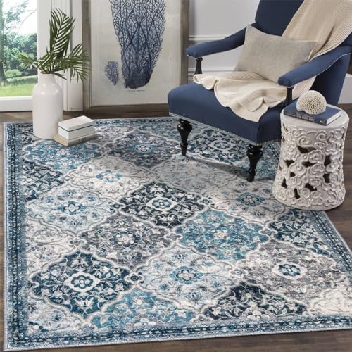 KILOCOCO 3x5 Washable Area Rug Nonslip Door Mat Indoor for Entryway Bedside | Soft Moroccan Trellis Spill & Stain Resistant Low Pile Carpet for Kitchen Office Front Backdoor Bedroom - color: Blue/Multi, size: 3' x 5' (Rectangular)