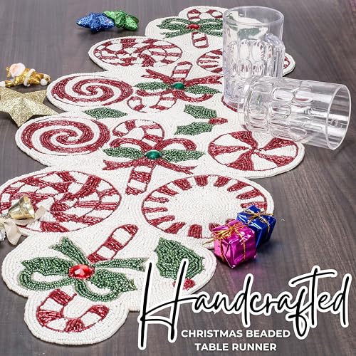 Christmas Beaded Table Runner, Red & White, 13x36 | Handcrafted, 85% glass beads, polyester backing, dining/console/coffee table, holidays, weddings, wipe-clean maintenance - color: Cherry Reddish, size: 36"x13"