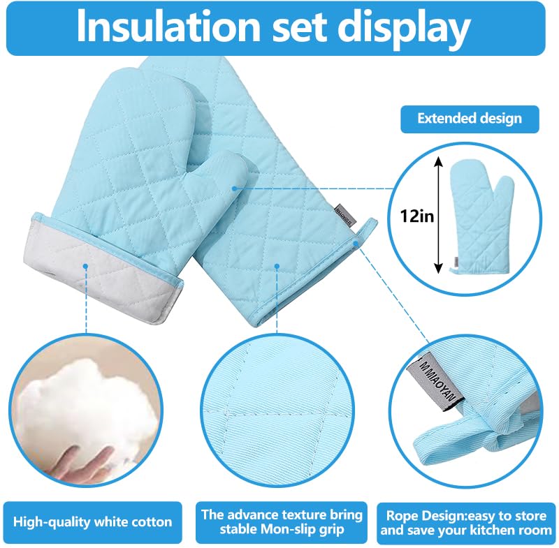 Oven Mitts and Pot Holders 4 pcs Set,High Heat Resistant 500 Degree Extra Thicken Long Kitchen Cotton Oven Glove for Cooking (12 Inch,Light Blue) - color: Cotton-light Blue