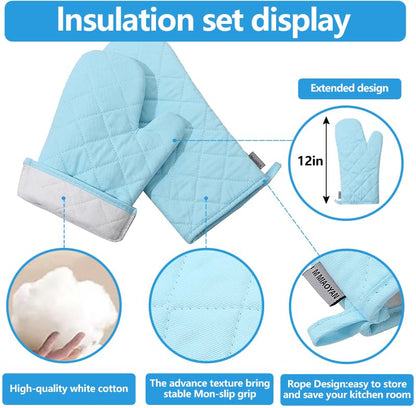 Oven Mitts and Pot Holders 4 pcs Set,High Heat Resistant 500 Degree Extra Thicken Long Kitchen Cotton Oven Glove for Cooking (12 Inch,Light Blue) - color: Cotton-light Blue
