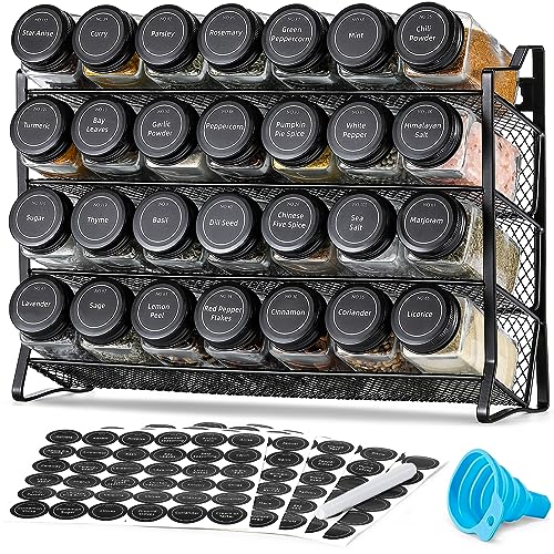AOZITA Spice Rack Organizer for Cabinet, Spice Organizer with 28 Empty Spice Jars with Black Lids, Funnel, Spice Labels, Seasoning Organizer for Countertop, Cabinet, Kitchen, Pantry, Cupboard - color: Black