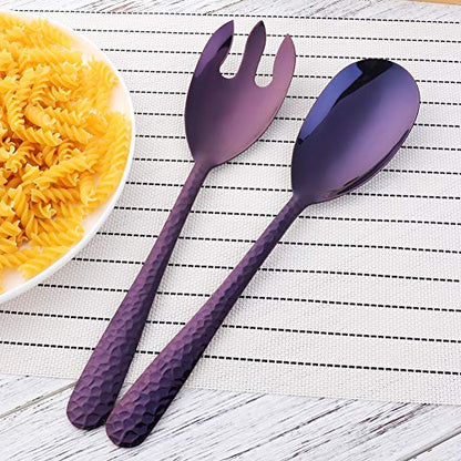 Salad Spoon and Fork Set, 12 Inch Stainless Steel Salad Server, Purple Serving Utensils, Dishwasher Safe, Pack of 2 - color: Purple