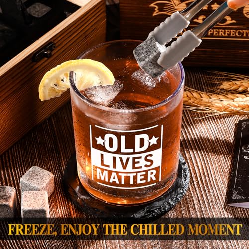 Old Lives Matter Whiskey Glasses, Funny Retirement Gifts for Old Man | 12oz Old Fashioned Whisky Gifts for Men Christmas, Grandpa, Dad, Gag Gift with Whiskey Stones, Coaster, Wooden Box - style: Old Lives Matter Whiskey Glass