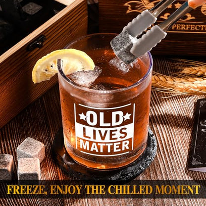 Old Lives Matter Whiskey Glasses, Funny Retirement Gifts for Old Man | 12oz Old Fashioned Whisky Gifts for Men Christmas, Grandpa, Dad, Gag Gift with Whiskey Stones, Coaster, Wooden Box - style: Old Lives Matter Whiskey Glass