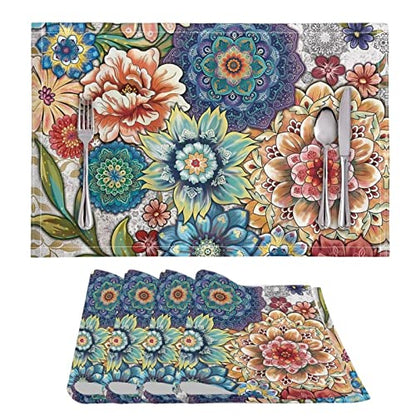 4 PCS Washable Tablemats for Home Farmhouse Beach, Easy to Clean Foldable Heat Resistant PVC Weave Rectangle Table Mats, Blooming Flower Blue - color: Blooming Flower Blue, size: Set of 4