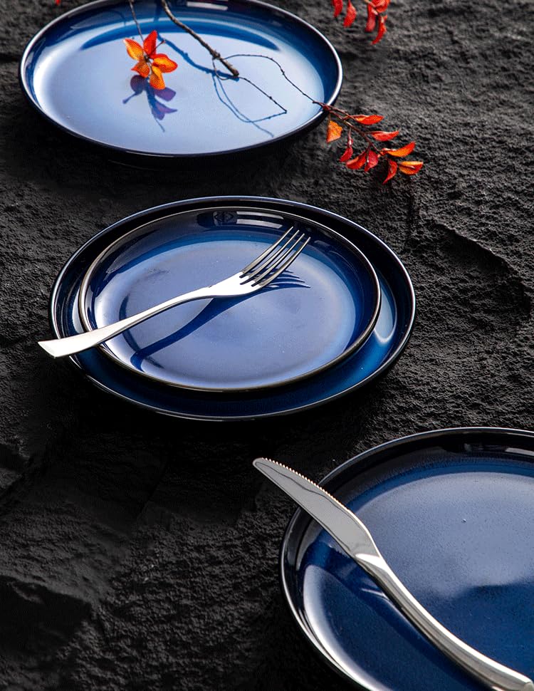 4-piece set, ceramic, natural active glaze plate and bowl set, microwave and dishwasher compatible tableware set, shatterproof and scratch resistant dinner set, irregular edge design, blue - color: style - 8