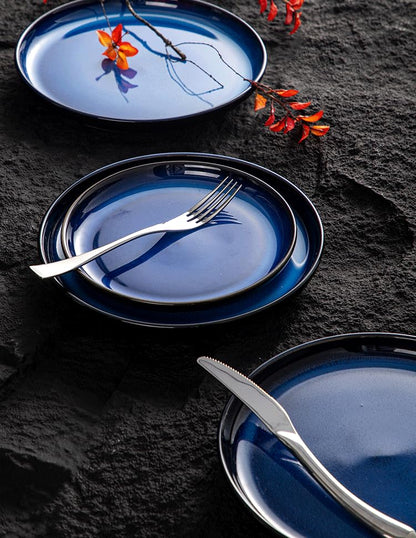 4-piece set, ceramic, natural active glaze plate and bowl set, microwave and dishwasher compatible tableware set, shatterproof and scratch resistant dinner set, irregular edge design, blue - color: style - 8