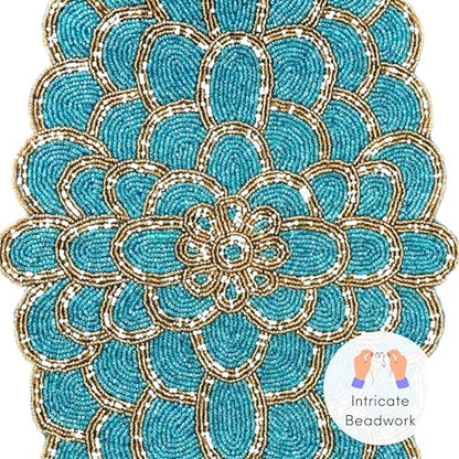 Beaded Table Runner, Blue & Gold, 13x36 | Handmade floral pattern, 85% glass beads, polyester backing, non-slip, dining/console/coffee table, weddings, holidays - color: Teal Gold, size: 36"x13"