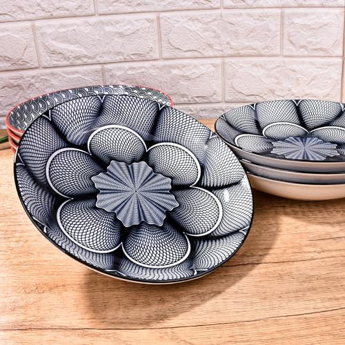 4-Piece Ceramic Salad Plate Set, 8-Inch Round Dinner Plates with Black & White Geometric Flower Motif, Modern Serving Dish with Black Rim, Microwave & Dishwasher Safe, Stackable Plates for Pasta - color: Black and White Floral Pattern