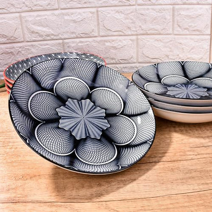 4-Piece Ceramic Salad Plate Set, 8-Inch Round Dinner Plates with Black & White Geometric Flower Motif, Modern Serving Dish with Black Rim, Microwave & Dishwasher Safe, Stackable Plates for Pasta - color: Black and White Floral Pattern