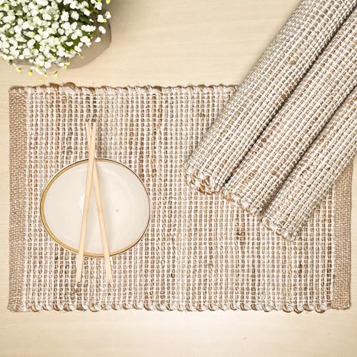 Natural Jute and Ivory Placemats, Set of 4 – Rustic Handmade Boho Table Mats, 13x19 Inch Dining Table Placemats for Kitchen, Everyday Meals, Holidays, Farmhouse or Modern Table Décor - color: Natural Jute-ivory, size: 13x19 Inch.