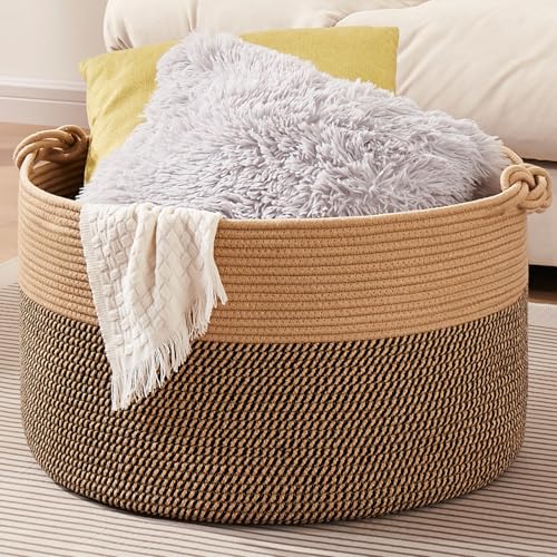OIASKET Large Blanket Storage Basket for Living Room, 22.8" x 22.8" x 13" Woven Cotton Rope Basket with Handles, Baby Toy Storage, Laundry Hamper for Clothes, Pillows, Towels-Brown and Black - color: Brown & Black, size: 90L