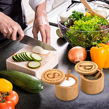 Tosnail 2 Pack Bamboo Salt and Pepper Holder Box with 2 Spoons, Spice Jars Containers, Seasoning Storage Box with Swivel Lid and Magnet Lock - 6 oz Capacity