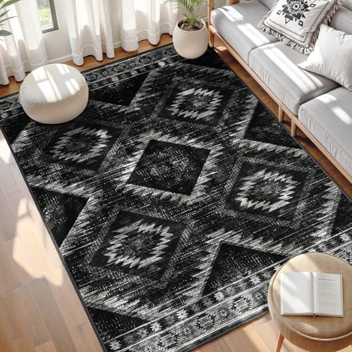 5'x7'Washable Area Rug for Living Room Bedroom Black | Soft Western No Slip Low Pile Print Foldable Indoor for Kitchen Dining Room - color: Black, size: 5' x 7' (Rectangular)