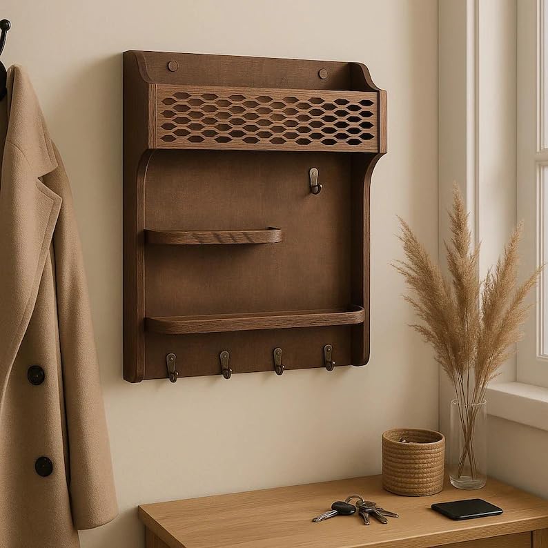 Rustic Wall Mounted Key Holder with Mail Sorter, Wooden Entryway Organizer with Hooks and Shelves, Walnut Finish Key Rack for Hallway, Living Room