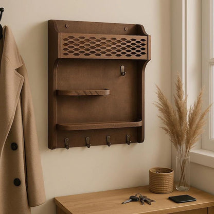 Rustic Wall Mounted Key Holder with Mail Sorter, Wooden Entryway Organizer with Hooks and Shelves, Walnut Finish Key Rack for Hallway, Living Room