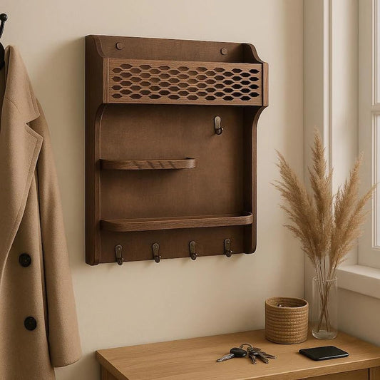 Rustic Wall Mounted Key Holder with Mail Sorter, Wooden Entryway Organizer with Hooks and Shelves, Walnut Finish Key Rack for Hallway, Living Room