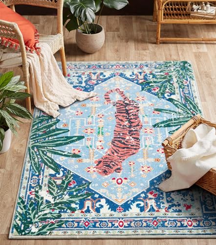 Tropical Rugs, 3x5 Thin Boho Small Area Rugs for Bathroom Kitchen Small Indoor Entryway Rug Modern Vintage Distressed Summer Jungle Plant Accent Carpet Non-Slip Washable - color: Blue, size: 3' x 5'