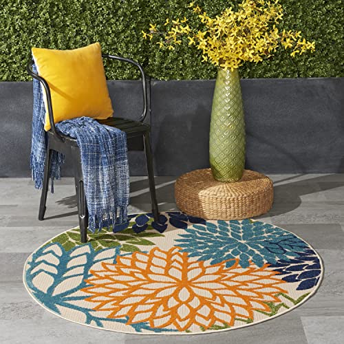 Nourison Home Aloha Indoor/Outdoor Multicolor 4' x Round Area Rug, Tropical, Botanical, Easy Cleaning, Non Shedding, Bed Room, Living Room, Dining Room, Deck, Backyard, Patio (4 Round) - color: Multi Color, size: 4' (Round)
