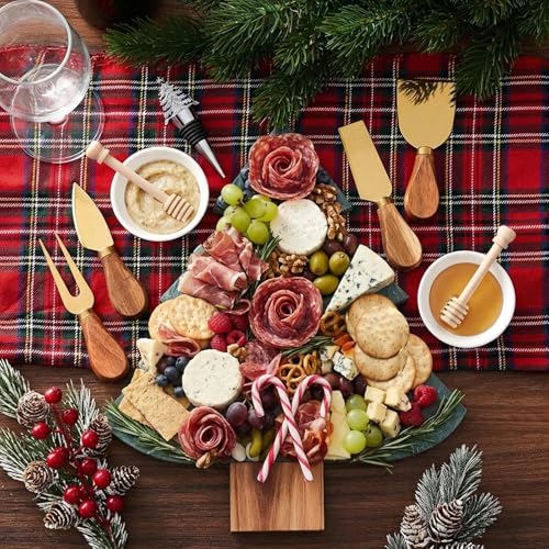 10 Pcs Christmas Tree Charcuterie Board Gift Set Kitchen Utensils Gifts | Include Marble Wood Cutting Serving Tray, Cheese Knives Fork, Honey Stick, Wine Stopper and Dish, Xmas Holiday Party Favor