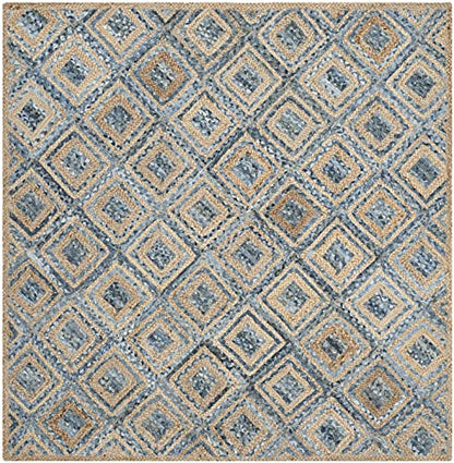 SAFAVIEH Cape Cod Collection Area Rug - 4' Square, Natural & Blue, Handmade Flat Weave Diamond Braided Jute & Denim, Ideal for High Traffic Areas in Living Room, Bedroom (CAP354A) - color: Natural/Blue, size: 4' x 4' (Square)