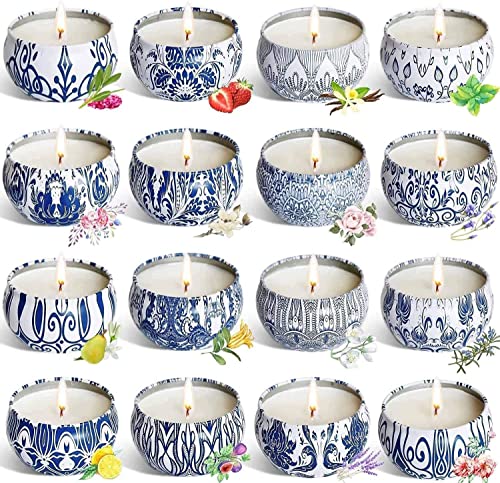 YOROXRG Scented Candles Gifts Set 16 Pack Soy Wax Travel Tin Jar Candles for Home 2.5 OZ for Mom for Christmas, Birthday, Thanksgiving, Mother's Day - color: 16 White&Blue
