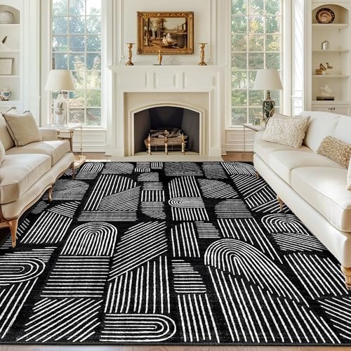 Washable 8x10 Area Rugs Low Pile Non Slip Mid Century Modern Large | Machine Washable Big Throw Carpet for Living Room Dining Room Bedroom Indoor Boho Abstract Black and White - color: Black and White, size: 8' x 10' (Rectangular)