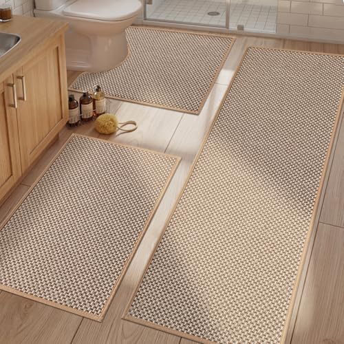 Thin Bath Mat Khaki Bathroom Rugs Sets 3 Pieces, Non Slip Absorbent Bath Mats Quick Dry, Woven Braided Rugs Washable,Tapetes para Baño for Bathroom,Bathtub(17.5"x24"U+17"x24"+17"x47") - color: Khaki, size: 3Pieces(17.5"x24"U+17"x24"+17"x47")