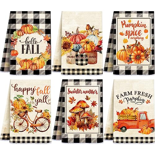 Ganeen 6 Pcs Hello Fall Thanksgiving Hand Towels Set Black and White Checkered Kitchen Dish Towels Vintage Pumpkin Truck Biker Farmhouse Buffalo Plaid Tea Decorations for Home Kitchen Cooking - color: Adorable