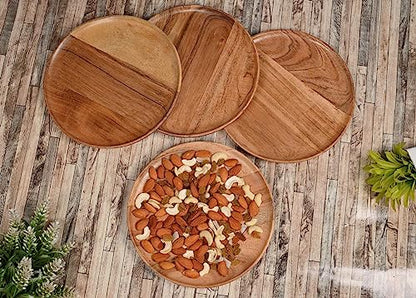 Acacia Wood Dinner Plates Set of 4 for Dishes Snack, Dessert Natural Wood Plates Serving Dinnerware Plate for Dinner (8" x 8" x 0.75")