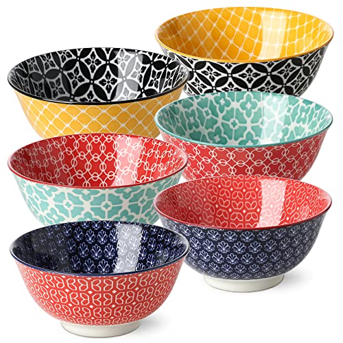 DOWAN Soup Bowls Set of 6, Cereal Bowls for Kitchen, 23 OZ Large Ceramic Bowl, Colorful Vibrant Patterned Porcelain Bowls for Kitchen Decor and Housewarming Gift, Dishwasher and Microwave Safe - color: Multicolor, size: 23 OZ