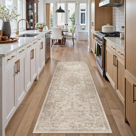 Beige Runner Rug 2x6 Kitchen Neutral Vintage Non-Slip Carpet | Machine Washable, Soft, Low Pile, Distressed, for Hallway, Entryway, Laundry Room, Bathroom, Retro Home Decor - color: Beige, size: 2' x 6' (Runner)
