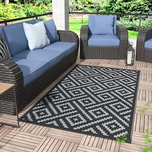 GENIMO Outdoor Rug 3'x5' Waterproof for Porch, Plastic Door Mat Black Grey | Outside Modern Carpet for Patio Decor, Balcony, Deck, Backyard, Picnic, Camping, RV, Reversible, Foldable, Lightweight - color: Black & Grey, size: 3' x 5' (Rectangular)