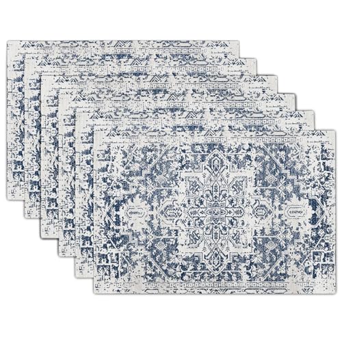 Navy Blue Gray Boho Placemats Set of 6 Ethnic Bohemian Carpet Place Mats Washable Kitchen Dining Vintage Grey Geography Floral Linen Table Mats Stain Heat-Resistant for Home Party Indoor 12x18 in - color: Navy Blue, size: 18x12 Inches set of 6