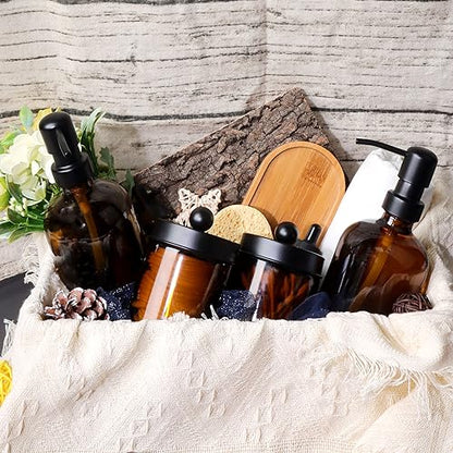 Glass Bathroom Accessory 5 Pcs | 2 Pcs 16oz Amber Soap Dispensers with Stainless Steel Pumps, 2 Pcs Qtip Holder Dispensers with Labels & Bamboo Tray