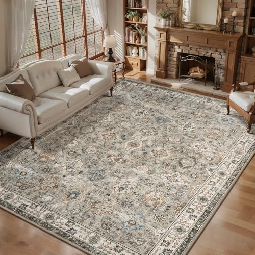 Tangsoo Washable 5x7 Area Rug for Living Room Bedroom,Boho Beige Floral Rug | Vintage Farmhouse 5 x 7 Rug Non Slip,Soft Low Pile Large Grey Neutral Rug Indoor Carpet for Office Dinning Room Laundry Room - color: Distressed Beige Grey, size: 5' X 7' (Recta