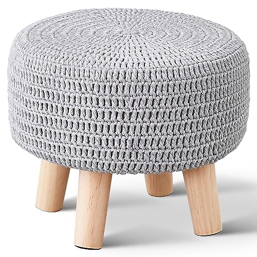 Wimarsbon Small Ottomans, 100% Hand Knitted Pouf Ottoman, Round Footrest with 4 Non-Skid Wood Legs, Boho Décor Cotton Rope Pouffe Beside Sofa, Leisure Floor Step Chair for Living Room (Grey) - color: Grey