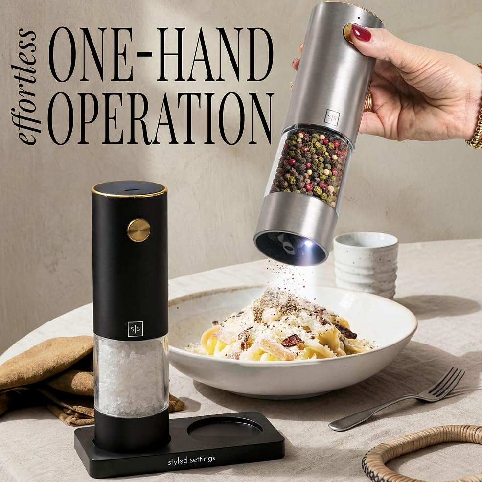 Styled Settings Rechargeable Salt and Pepper Grinder Set, Black & Silver | Electric Salt and Pepper Shaker Set with USB-C Port, LED Light, Adjustable Coarseness, One Touch Control, Automatic Mill - color: Black, Silver