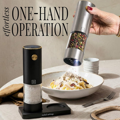 Styled Settings Rechargeable Salt and Pepper Grinder Set, Black & Silver | Electric Salt and Pepper Shaker Set with USB-C Port, LED Light, Adjustable Coarseness, One Touch Control, Automatic Mill - color: Black, Silver