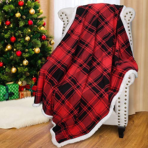 Catalonia Red Plaid Sherpa Throw Blanket, Super Soft Warm Snuggly Christmas Holiday Throws for Couch Cabin Decro, Buffalo Checkered - color: Red Buffalo