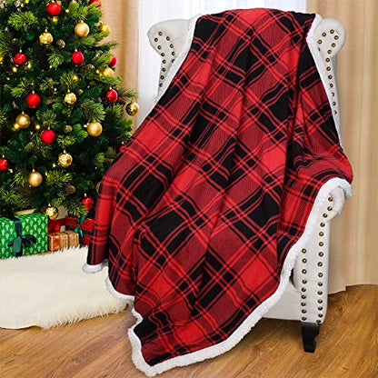 Catalonia Red Plaid Sherpa Throw Blanket, Super Soft Warm Snuggly Christmas Holiday Throws for Couch Cabin Decro, Buffalo Checkered - color: Red Buffalo