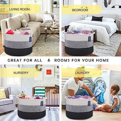 COMSE XXXLarge Woven Blanket & Laundry Basket, 87L, White &Gray &Black | 21.7"x 13.8", Cotton Rope, Nursery Hamper for Storage of Toys, Clothes & Towels, Ideal for Living Rooms, Bedrooms & Bathrooms - color: White & Gray & Black
